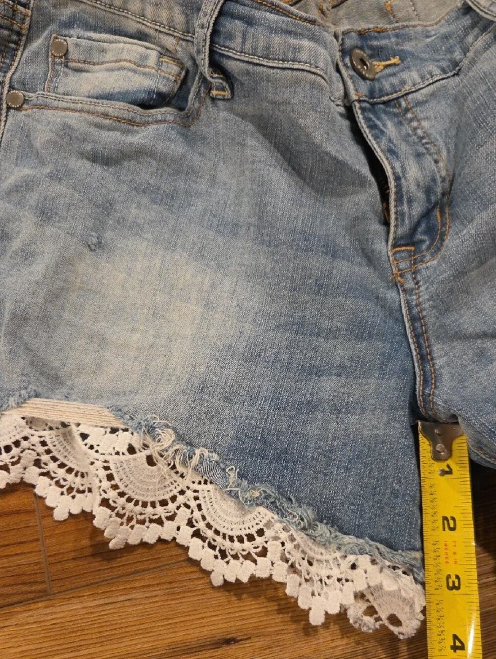 torrid Light Blue Denim Shorts with White Lace Hem